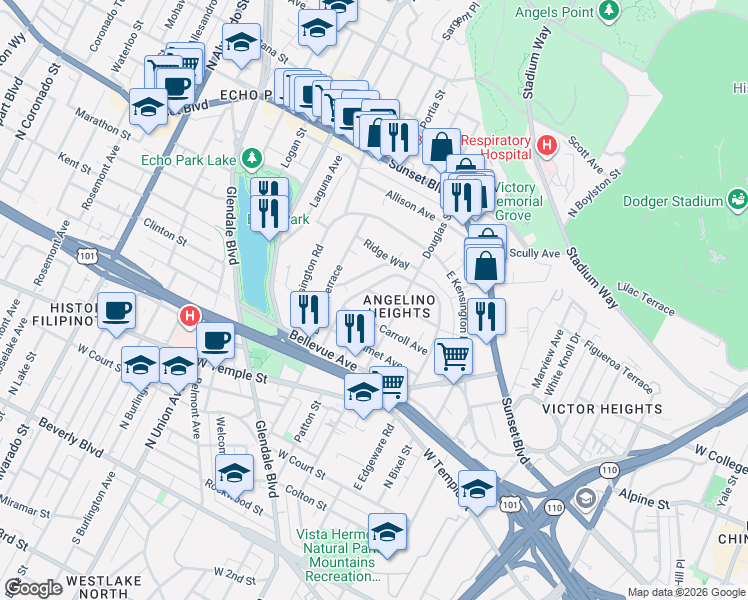 map of restaurants, bars, coffee shops, grocery stores, and more near in Los Angeles