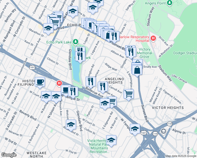 map of restaurants, bars, coffee shops, grocery stores, and more near 666 Laveta Terrace in Los Angeles