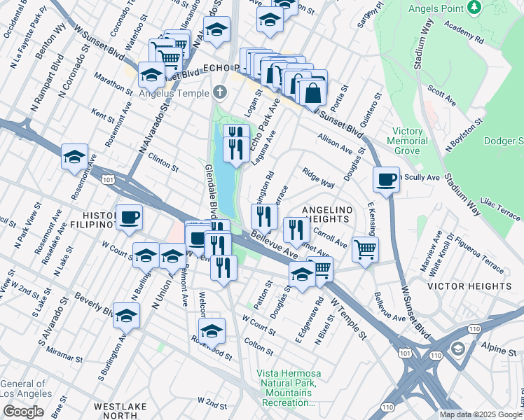 map of restaurants, bars, coffee shops, grocery stores, and more near 1105 West Kensington Road in Los Angeles