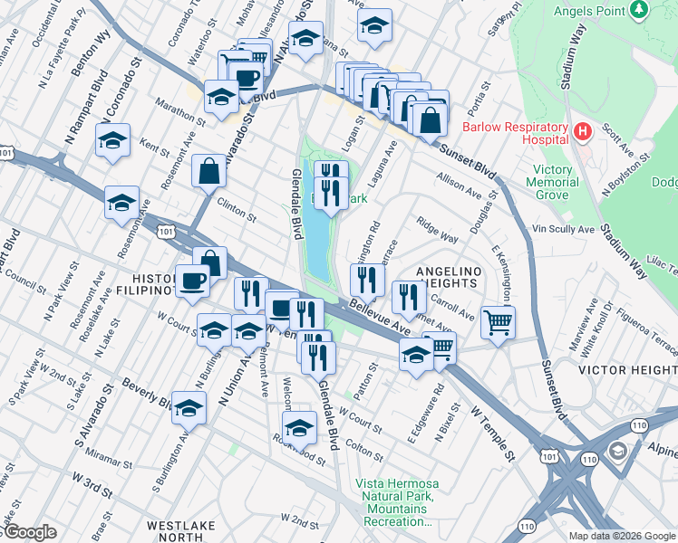 map of restaurants, bars, coffee shops, grocery stores, and more near 650 Echo Park Avenue in Los Angeles