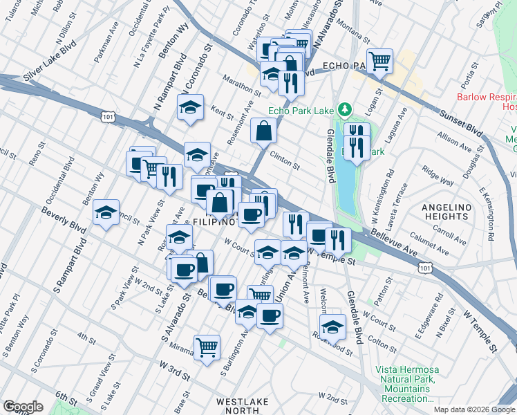 map of restaurants, bars, coffee shops, grocery stores, and more near 445 North Westlake Avenue in Los Angeles