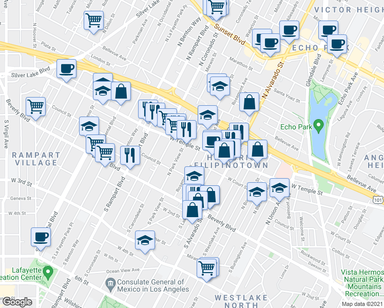 map of restaurants, bars, coffee shops, grocery stores, and more near in Los Angeles