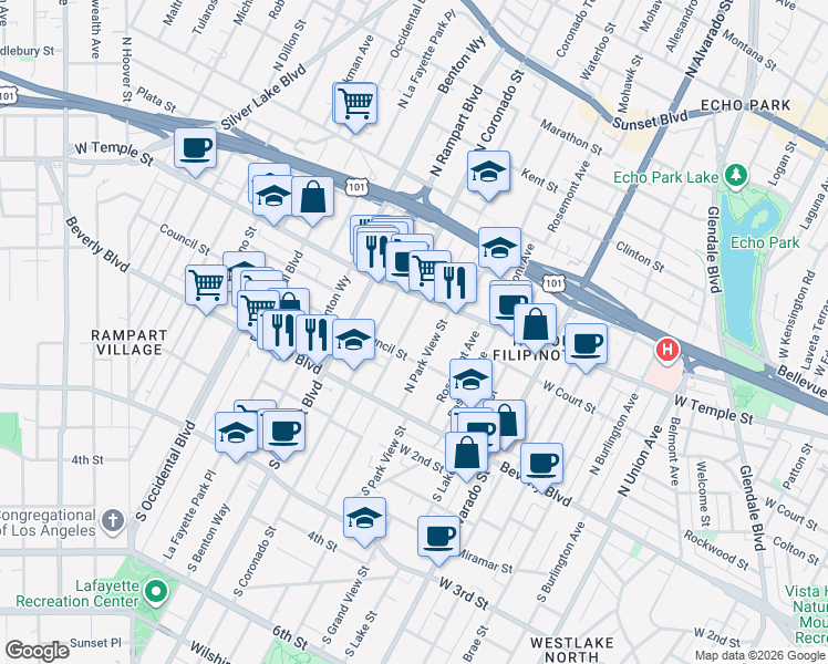 map of restaurants, bars, coffee shops, grocery stores, and more near 234 1/2 North Carondelet Street in Los Angeles