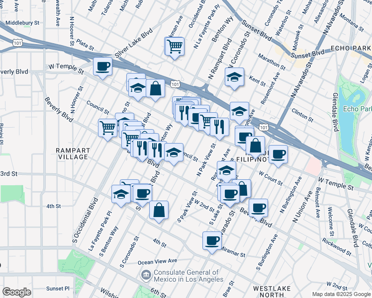 map of restaurants, bars, coffee shops, grocery stores, and more near 207 North Coronado Street in Los Angeles