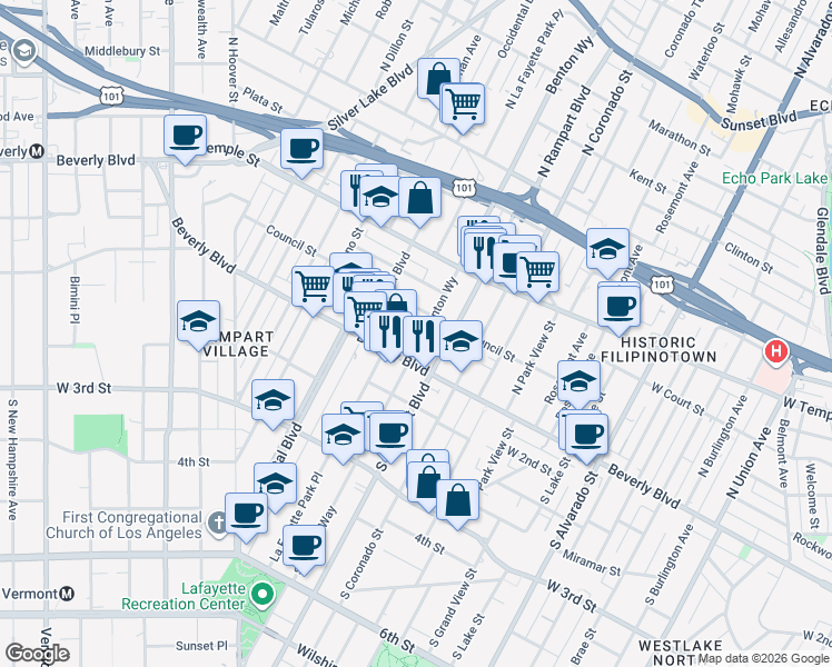 map of restaurants, bars, coffee shops, grocery stores, and more near in Los Angeles