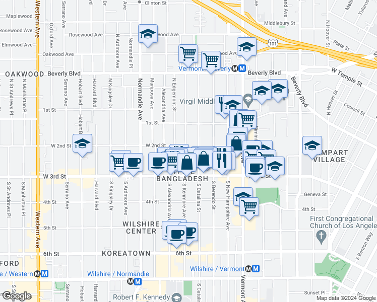 map of restaurants, bars, coffee shops, grocery stores, and more near 157 South Catalina Street in Los Angeles