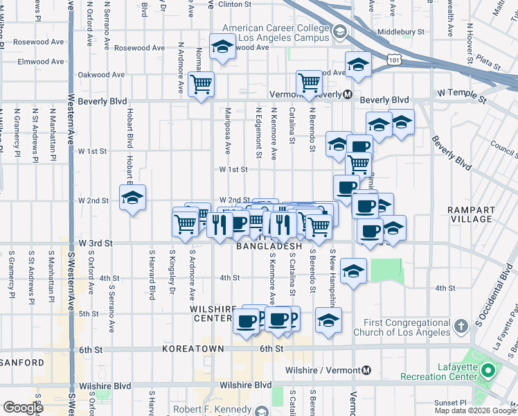 map of restaurants, bars, coffee shops, grocery stores, and more near 3750 West 2nd Street in Los Angeles