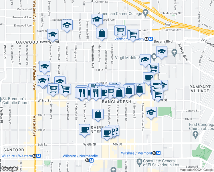 map of restaurants, bars, coffee shops, grocery stores, and more near 200 South Mariposa Avenue in Los Angeles