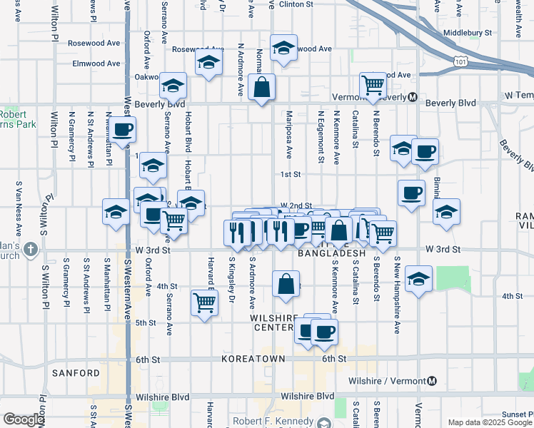 map of restaurants, bars, coffee shops, grocery stores, and more near 201 Normandie Avenue in Los Angeles