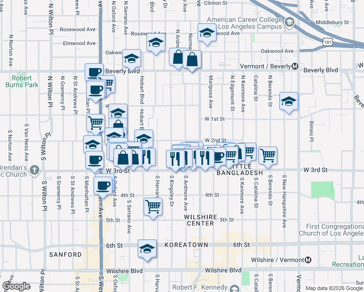 map of restaurants, bars, coffee shops, grocery stores, and more near in Los Angeles