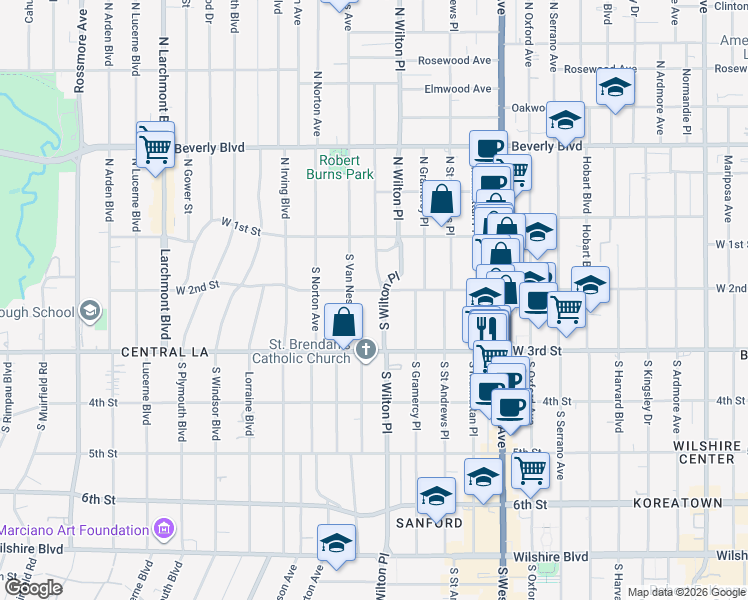 map of restaurants, bars, coffee shops, grocery stores, and more near 200 South Wilton Place in Los Angeles