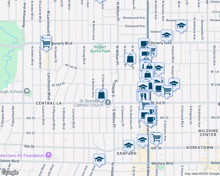 map of restaurants, bars, coffee shops, grocery stores, and more near 200 South Wilton Place in Los Angeles