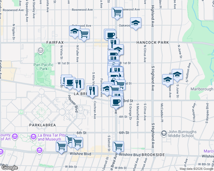 map of restaurants, bars, coffee shops, grocery stores, and more near 203 South Detroit Street in Los Angeles
