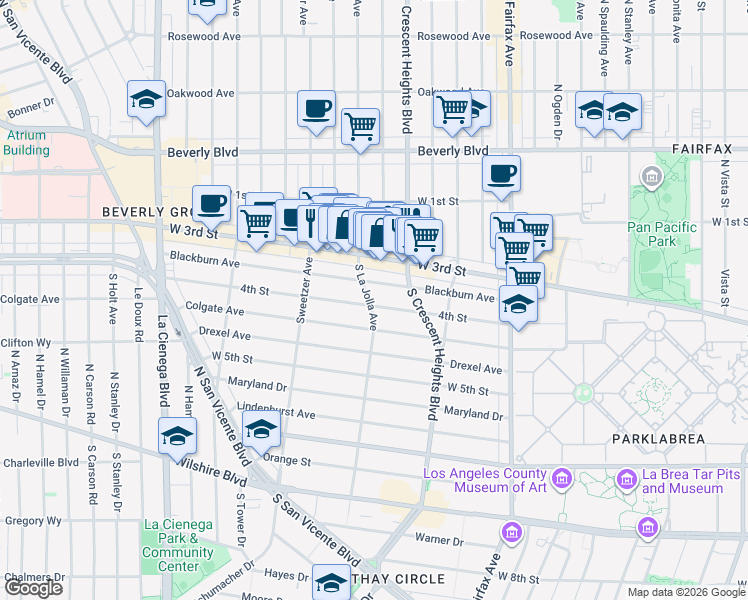map of restaurants, bars, coffee shops, grocery stores, and more near 341 South La Jolla Avenue in Los Angeles