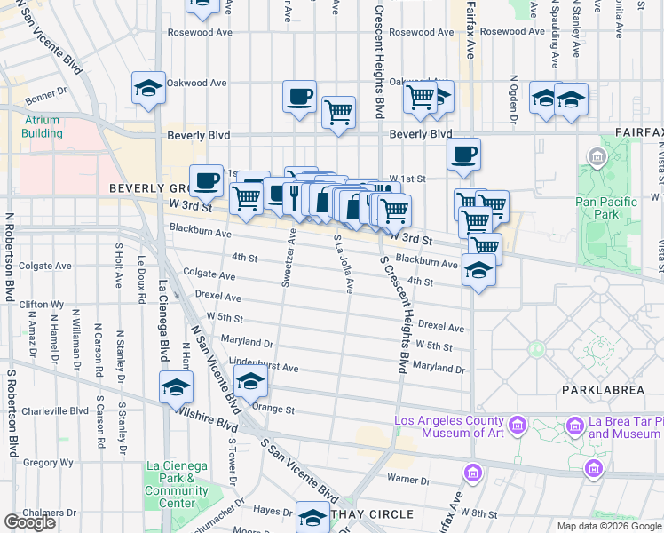 map of restaurants, bars, coffee shops, grocery stores, and more near 341 South La Jolla Avenue in Los Angeles