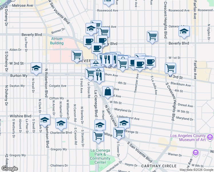 map of restaurants, bars, coffee shops, grocery stores, and more near 8412 West 4th Street in Los Angeles