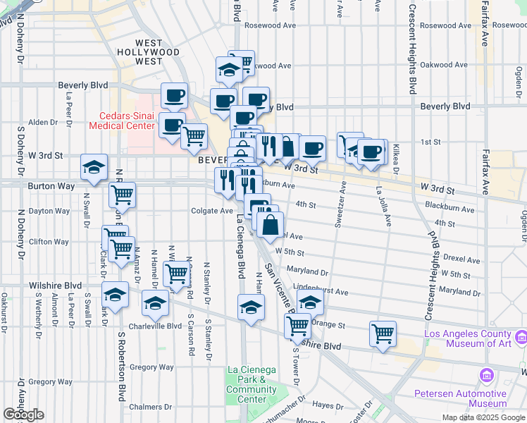 map of restaurants, bars, coffee shops, grocery stores, and more near 426 South San Vicente Boulevard in Los Angeles