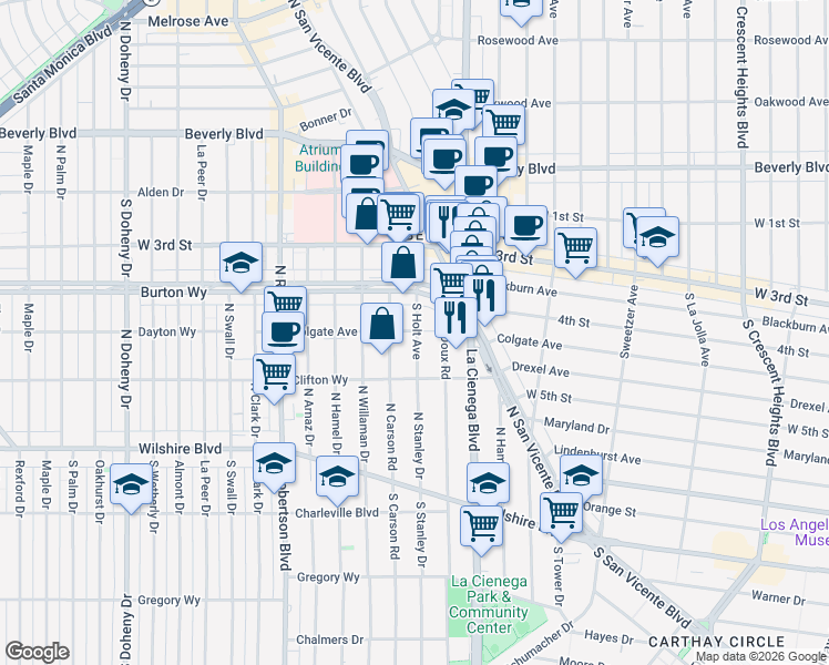 map of restaurants, bars, coffee shops, grocery stores, and more near 427 South Holt Avenue in Los Angeles