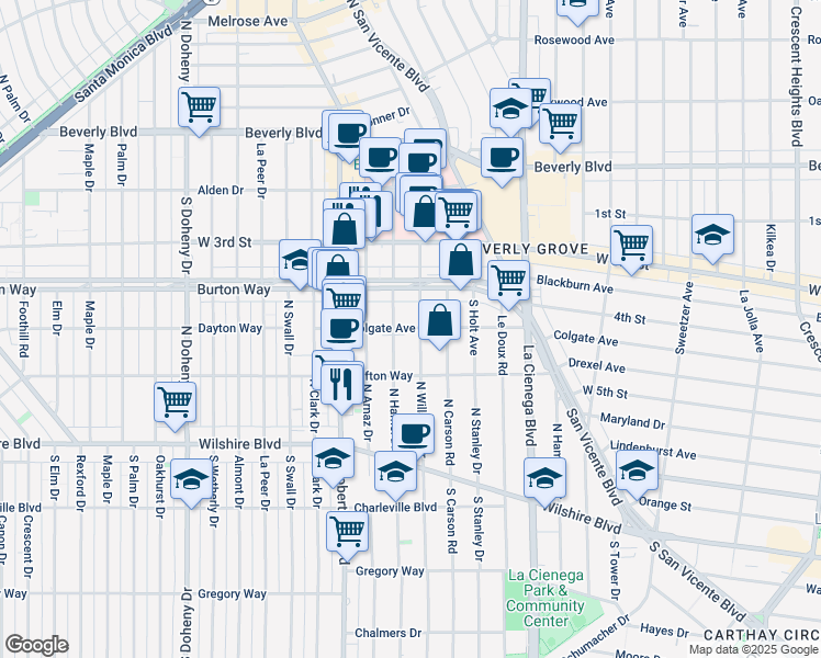 map of restaurants, bars, coffee shops, grocery stores, and more near 8613 Colgate Avenue in Los Angeles