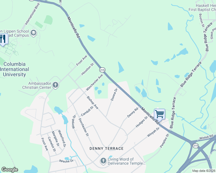 map of restaurants, bars, coffee shops, grocery stores, and more near 6611 Monticello Road in Columbia