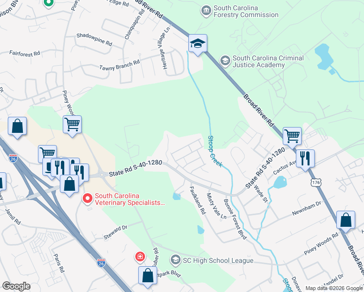 map of restaurants, bars, coffee shops, grocery stores, and more near 1009 Glencroft Drive in Columbia