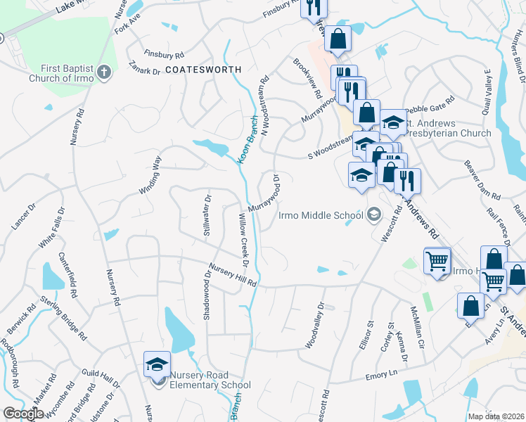 map of restaurants, bars, coffee shops, grocery stores, and more near 310 Mapleview Drive in Columbia
