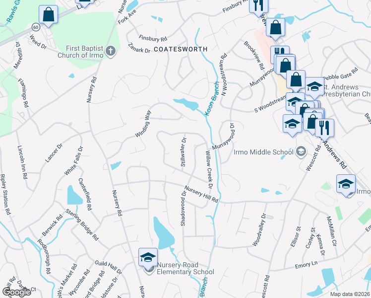 map of restaurants, bars, coffee shops, grocery stores, and more near 1712 Stillwater Drive in Columbia
