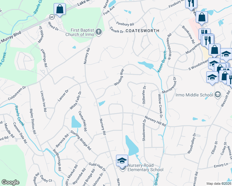 map of restaurants, bars, coffee shops, grocery stores, and more near 116 Old Pond Lane in Columbia