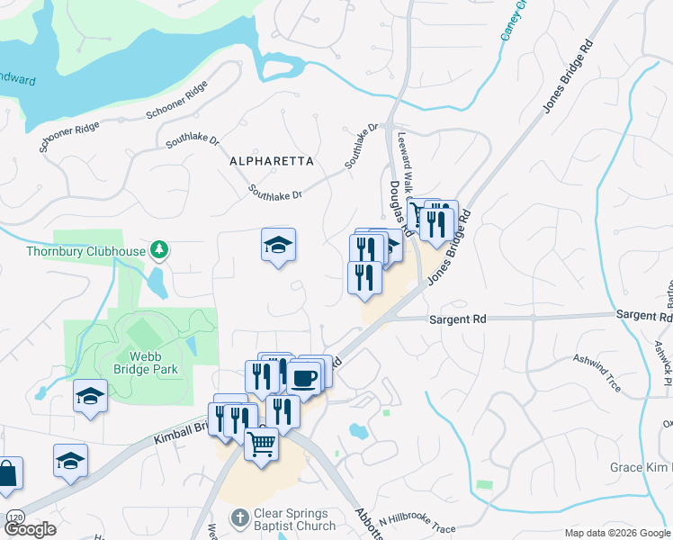 map of restaurants, bars, coffee shops, grocery stores, and more near 225 Leafwing Court in Alpharetta