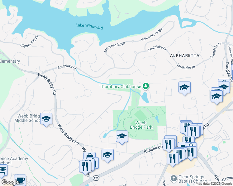 map of restaurants, bars, coffee shops, grocery stores, and more near 6665 Maid Marion Close in Alpharetta