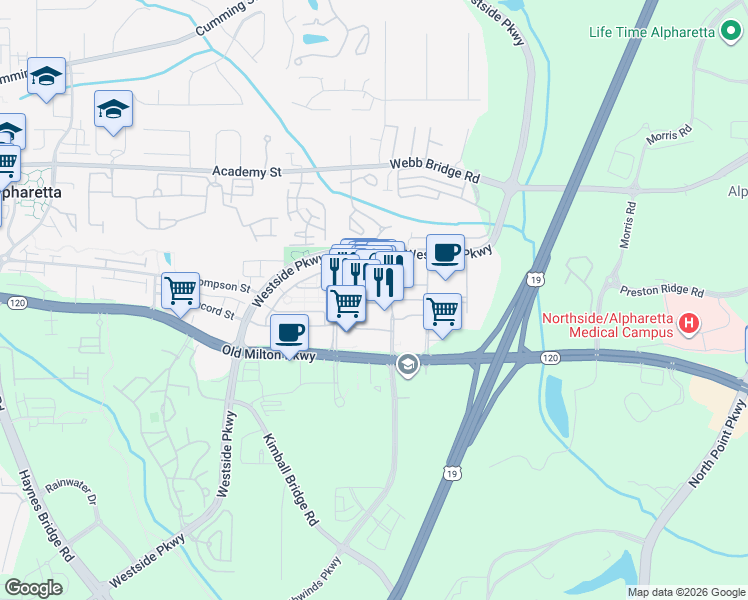map of restaurants, bars, coffee shops, grocery stores, and more near 4306 Avalon Boulevard in Alpharetta