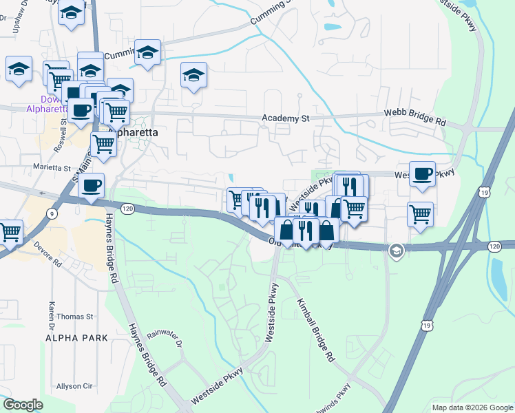 map of restaurants, bars, coffee shops, grocery stores, and more near 360 Concord Street in Alpharetta