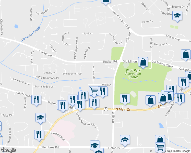 map of restaurants, bars, coffee shops, grocery stores, and more near 170 Arrowood Lane in Alpharetta