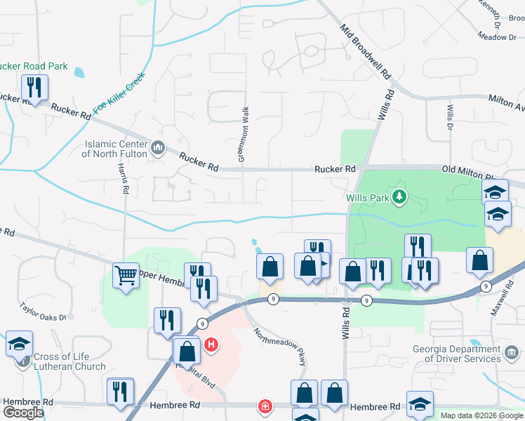 map of restaurants, bars, coffee shops, grocery stores, and more near 895 Melbourne Trail in Alpharetta