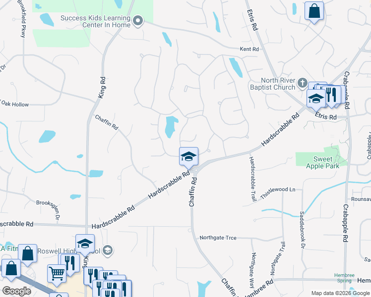 map of restaurants, bars, coffee shops, grocery stores, and more near 11935 Williams Club Place in Roswell