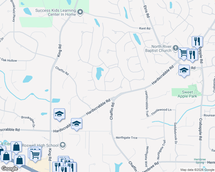 map of restaurants, bars, coffee shops, grocery stores, and more near 11935 Williams Club Place in Roswell