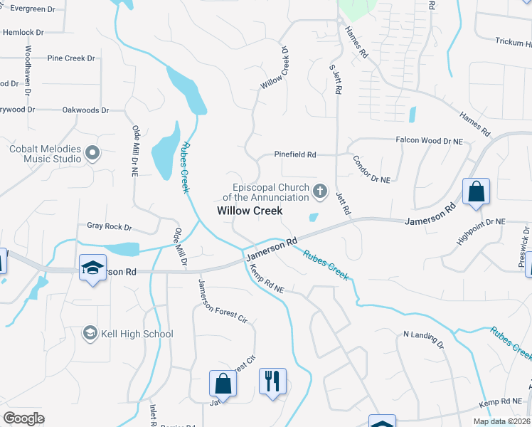 map of restaurants, bars, coffee shops, grocery stores, and more near 4930 Willow Lane in Marietta