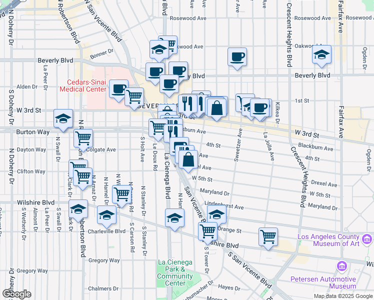 map of restaurants, bars, coffee shops, grocery stores, and more near 6733 Colgate Avenue in Los Angeles
