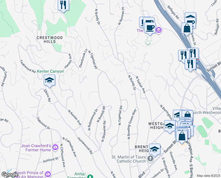map of restaurants, bars, coffee shops, grocery stores, and more near 589 North Tigertail Road in Los Angeles