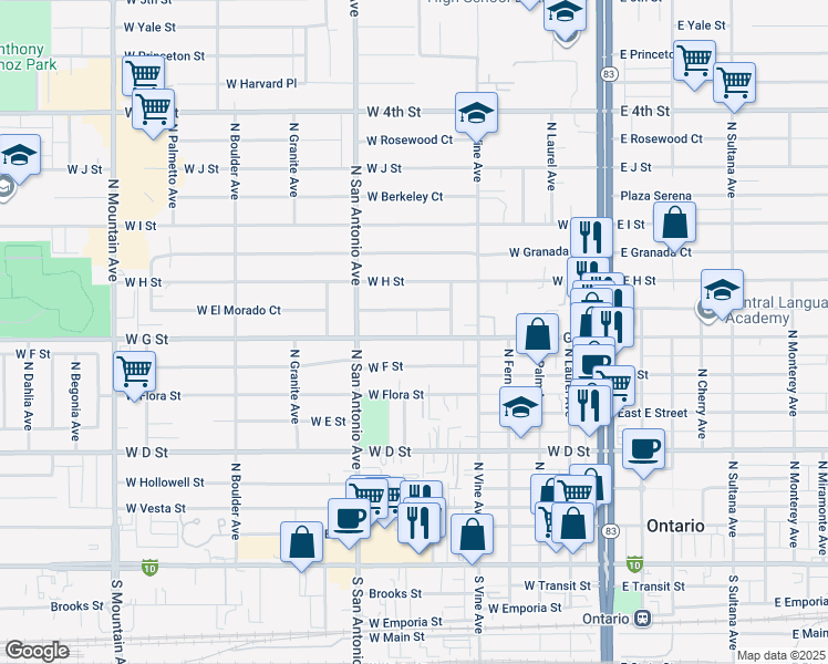map of restaurants, bars, coffee shops, grocery stores, and more near 608 West G Street in Ontario