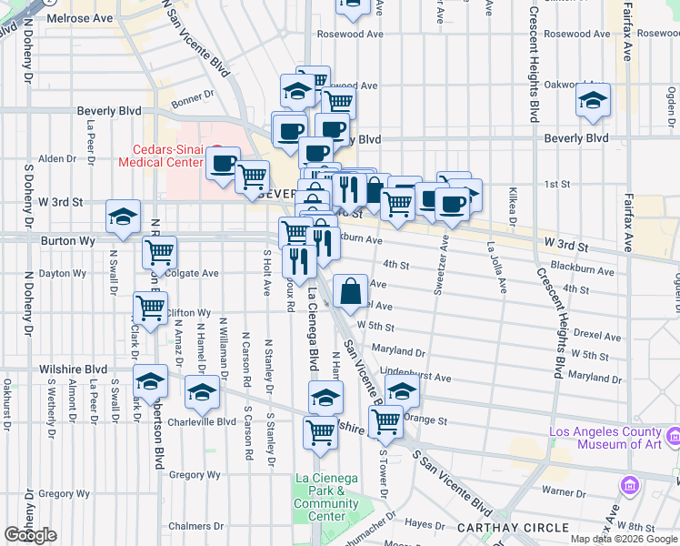 map of restaurants, bars, coffee shops, grocery stores, and more near 6743 Colgate Avenue in Los Angeles