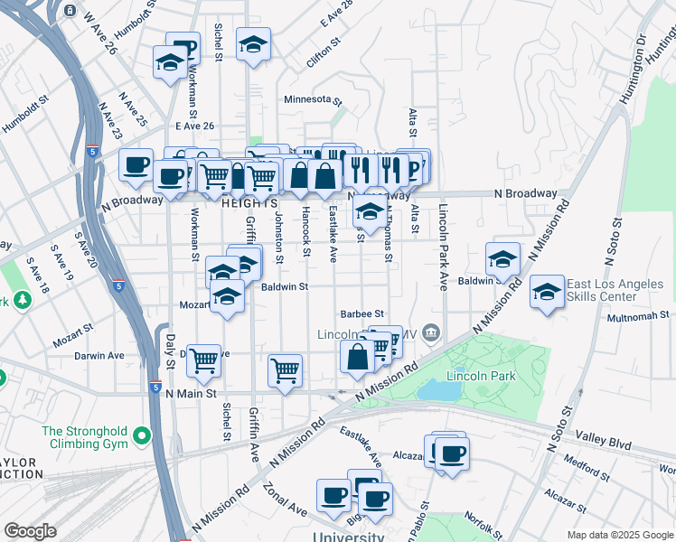map of restaurants, bars, coffee shops, grocery stores, and more near 2218 Eastlake Avenue in Los Angeles