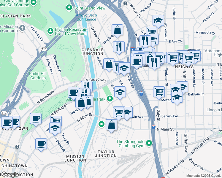 map of restaurants, bars, coffee shops, grocery stores, and more near 223 South Avenue 18 in Los Angeles