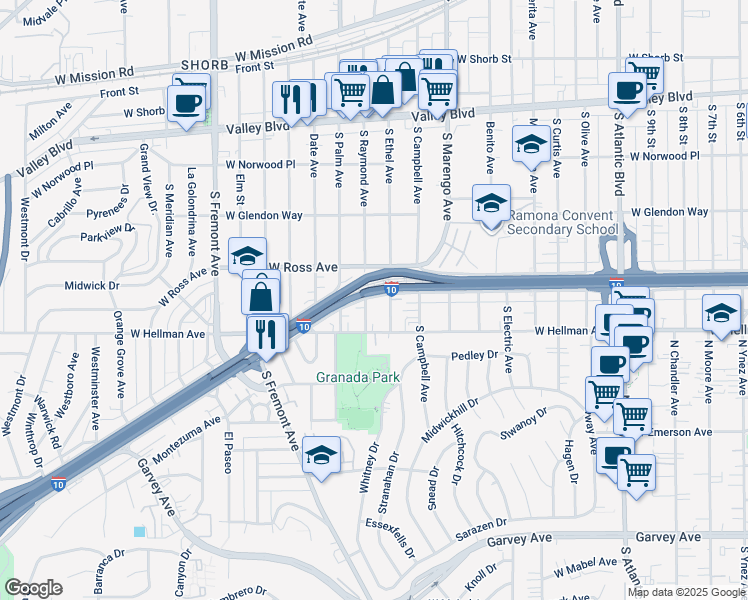 map of restaurants, bars, coffee shops, grocery stores, and more near 1912 West Ramona Road in Alhambra