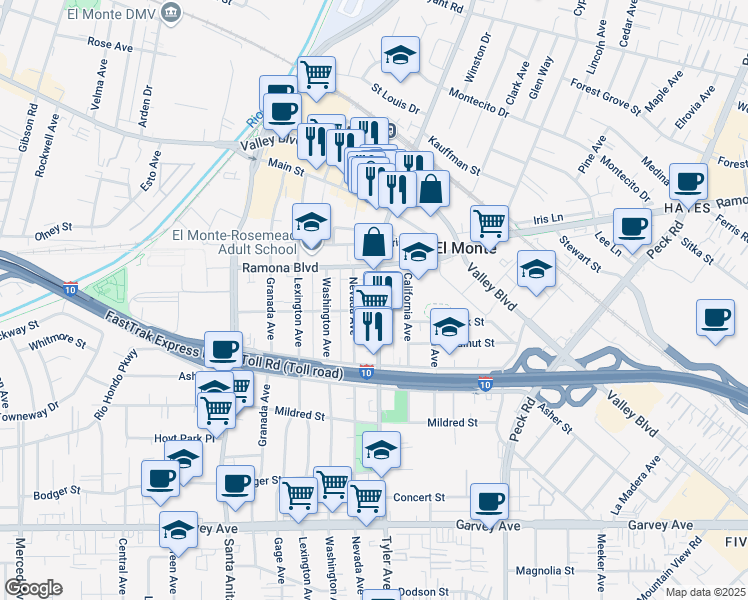 map of restaurants, bars, coffee shops, grocery stores, and more near 3419 Tyler Avenue in El Monte