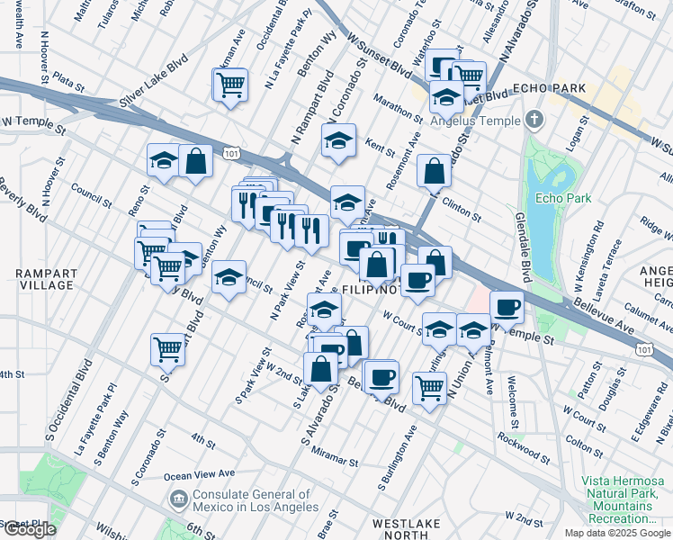map of restaurants, bars, coffee shops, grocery stores, and more near 2240E West Temple Street in Los Angeles