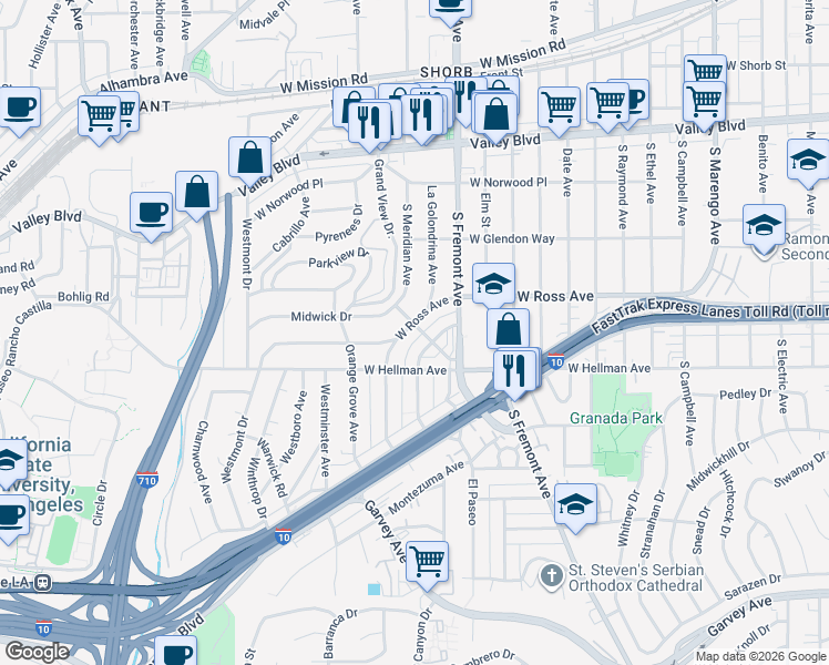 map of restaurants, bars, coffee shops, grocery stores, and more near 2712 West Ross Avenue in Alhambra