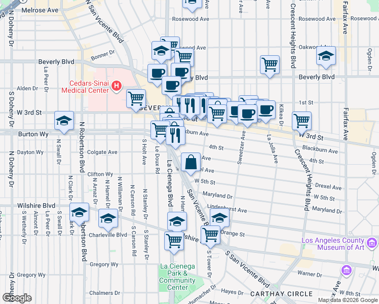 map of restaurants, bars, coffee shops, grocery stores, and more near 8412 West 4th Street in Los Angeles
