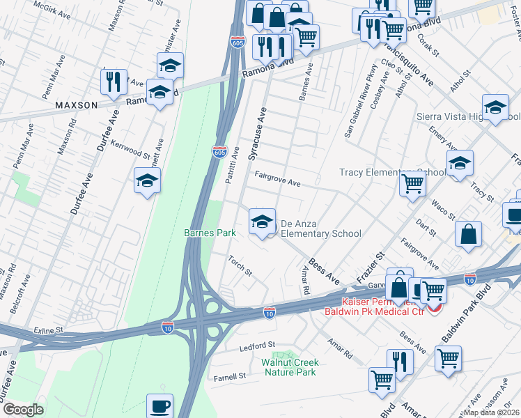 map of restaurants, bars, coffee shops, grocery stores, and more near 12745 Bess Avenue in Baldwin Park