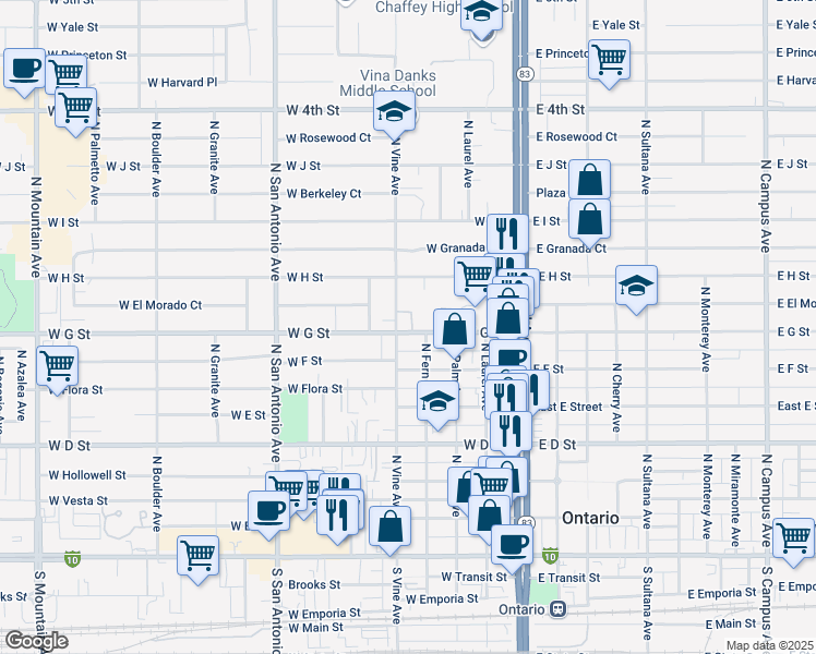 map of restaurants, bars, coffee shops, grocery stores, and more near 418 West G Street in Ontario